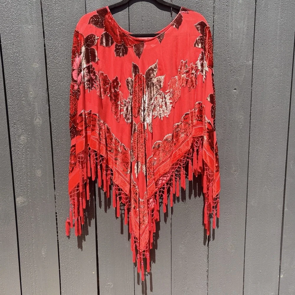 Aris A Y2k Boho Silk Velvet Burnout Floral Poncho Fairy Beaded Fringe Sheer Art